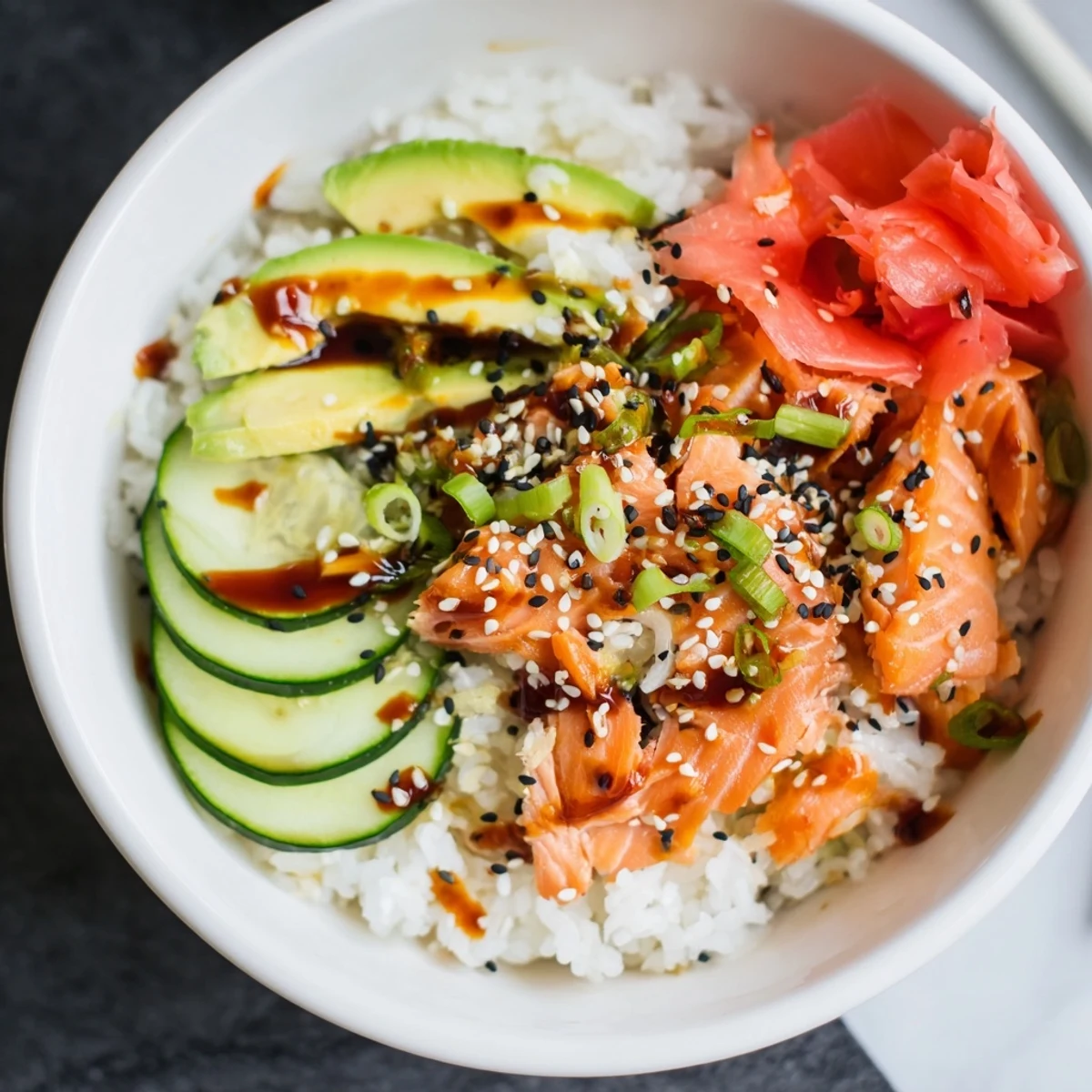 Leftover Salmon & Rice Bowl with creamy avocado and vibrant cucumber slices garnished beautifully.  