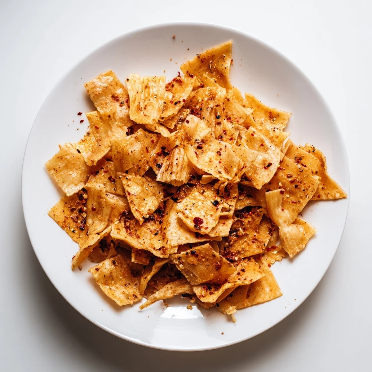 Baked pasta chips tossed in flavorful seasonings, ideal with your favorite dip.  