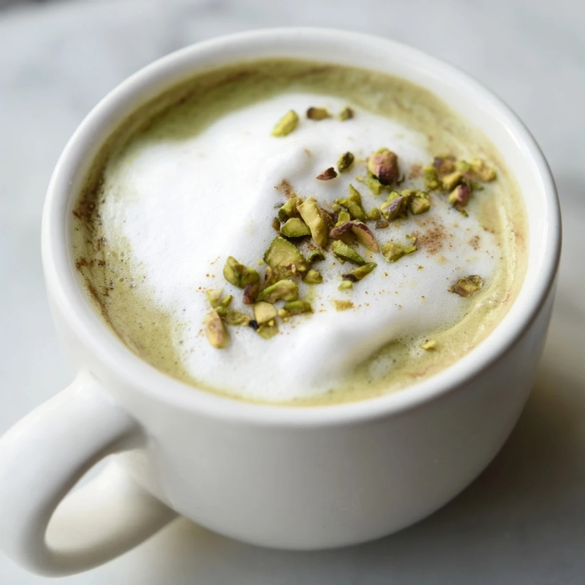 Homemade pistachio milk latte, warm and frothy, perfect for cozy mornings at home.  