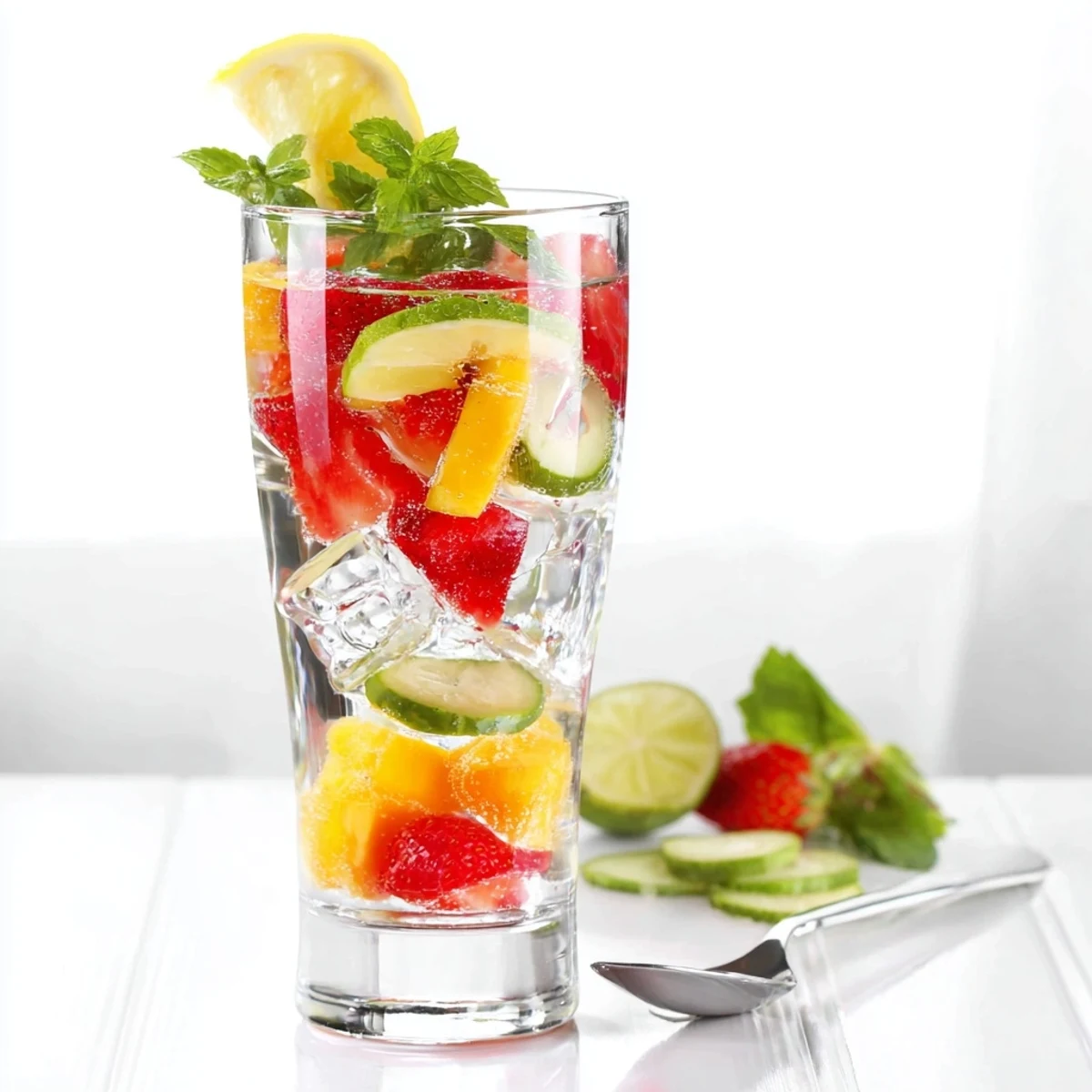 Colorful mocktail blend featuring ice, fruit, and flavor enhancers for summer.  