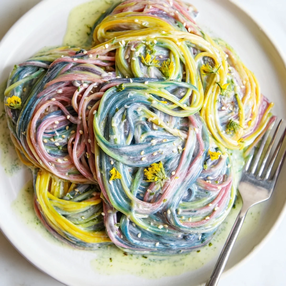 Delight in colorful Neon Noodle Cloud, topped with scallions and sesame seeds.  