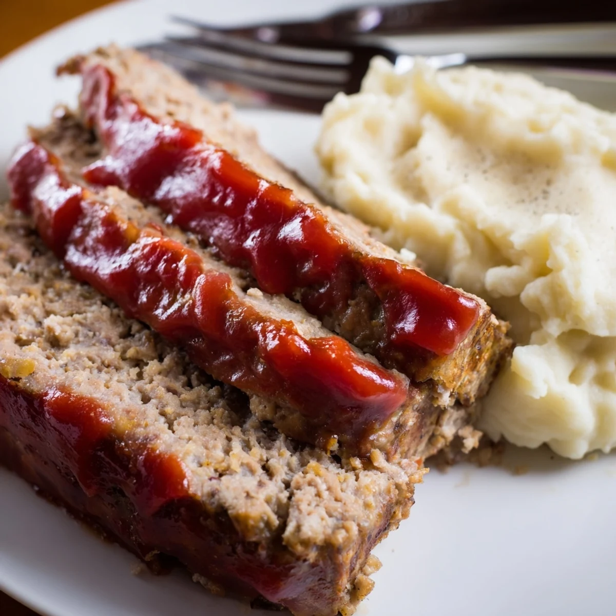 Golden-brown Classic Meatloaf paired with rich, velvety mashed potatoes and savory gravy.