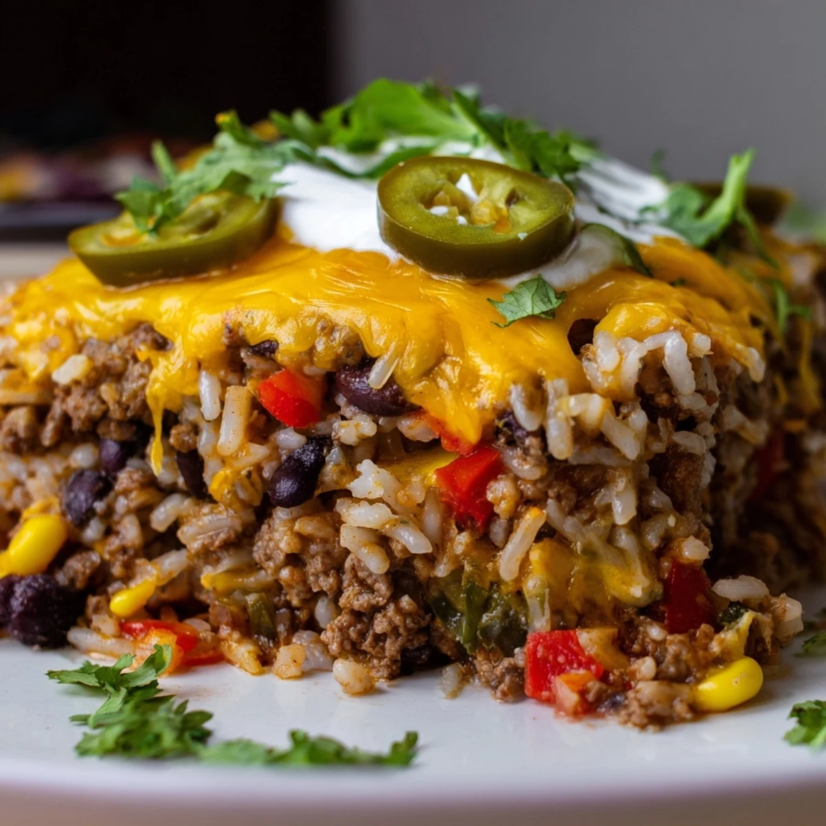 Hearty Tex-Mex Beef & Rice Casserole topped with melted cheddar cheese and fresh cilantro.  