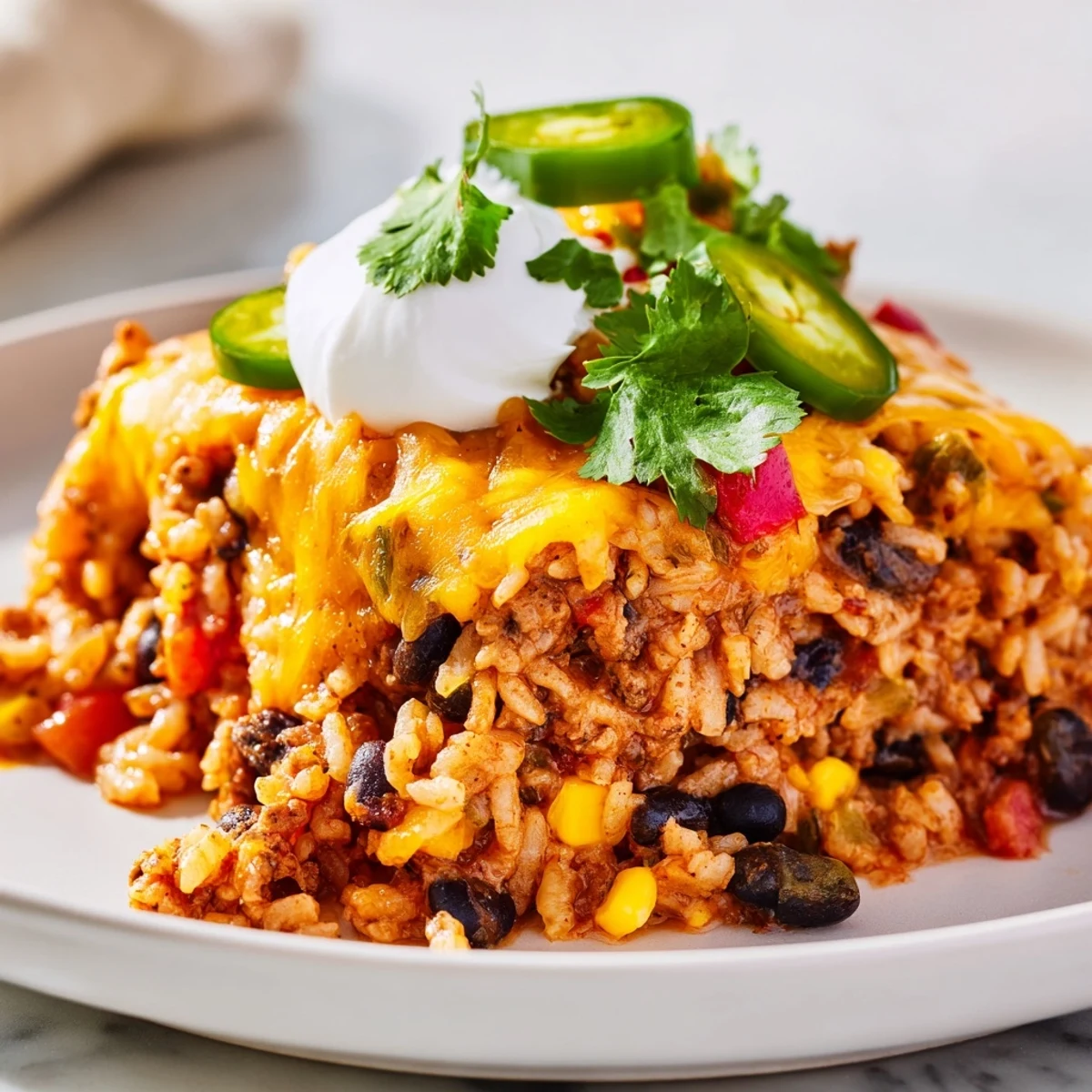 Savory Tex-Mex Beef & Rice Casserole with black beans and zesty tomato sauce, ready to serve.  