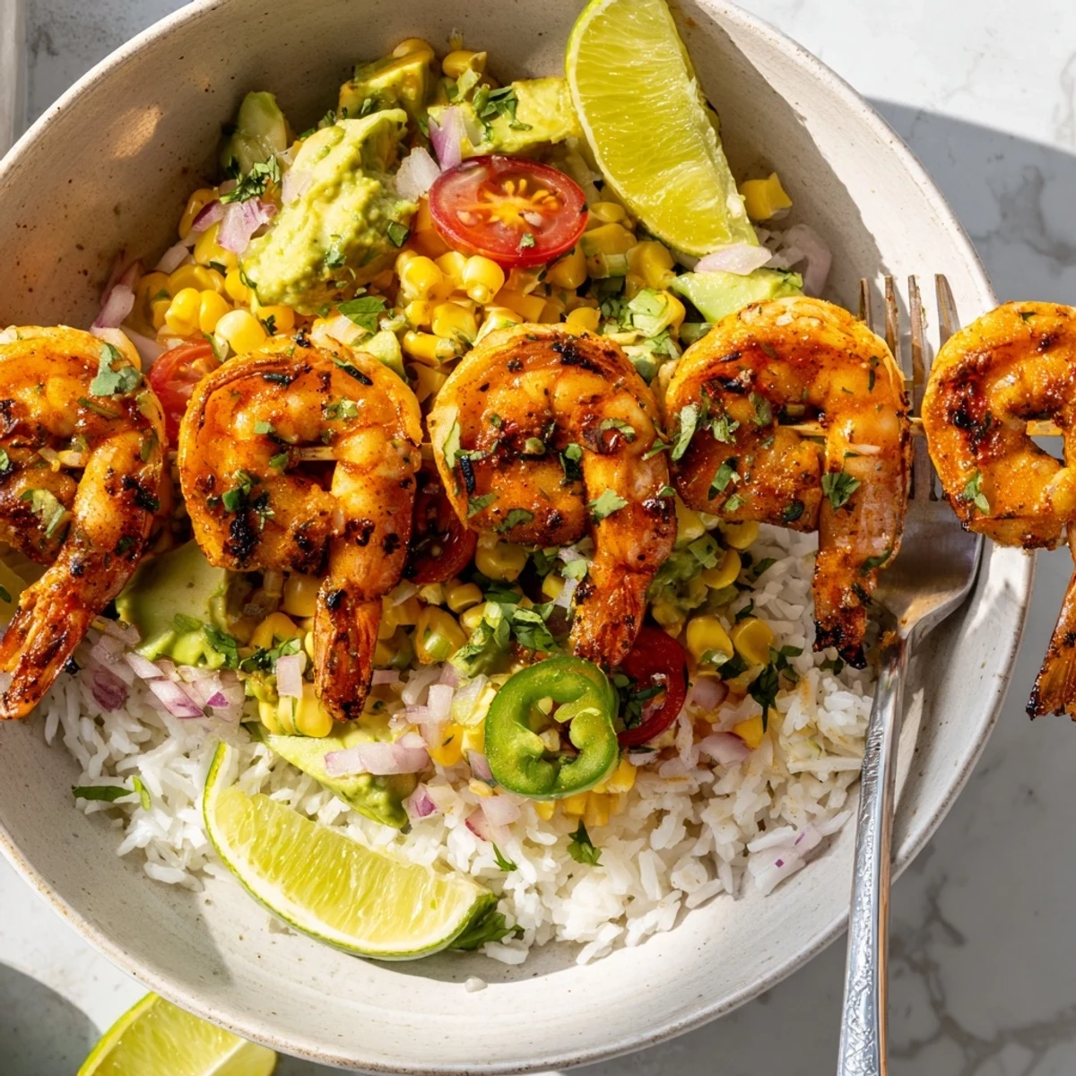 Fresh and vibrant Easy Grilled Shrimp Bowl topped with zesty avocado corn salsa.  