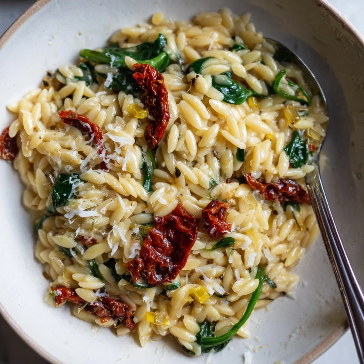 Delicious creamy Tuscan Orzo bowl topped with Parmesan and a drizzle of olive oil.  