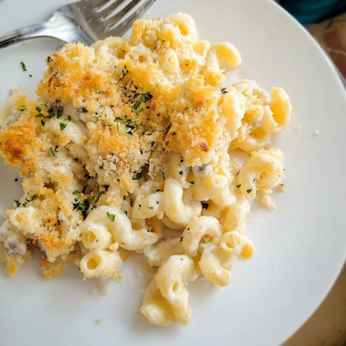 Decadent truffle macaroni and cheese topped with golden, crunchy panko breadcrumbs.  