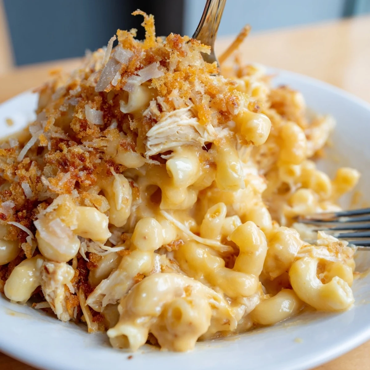 Delicious classic mac & cheese topped with shredded BBQ chicken and crispy breadcrumbs.  