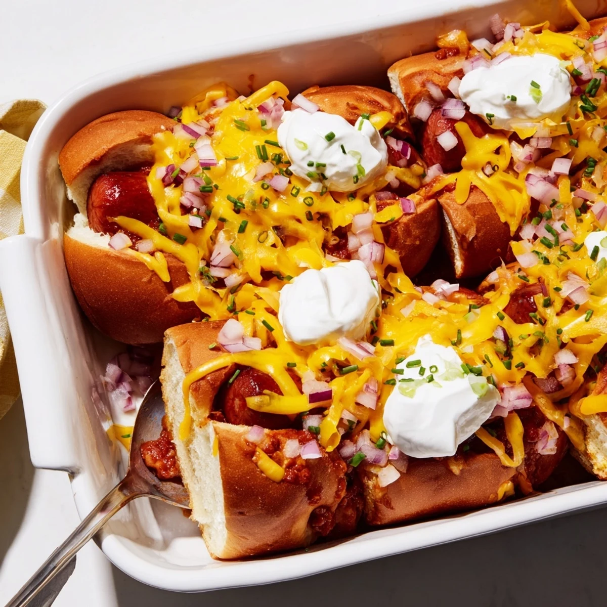 Delicious Chili Dog Casserole topped with melted cheese and fresh chives, perfect for dinner.  