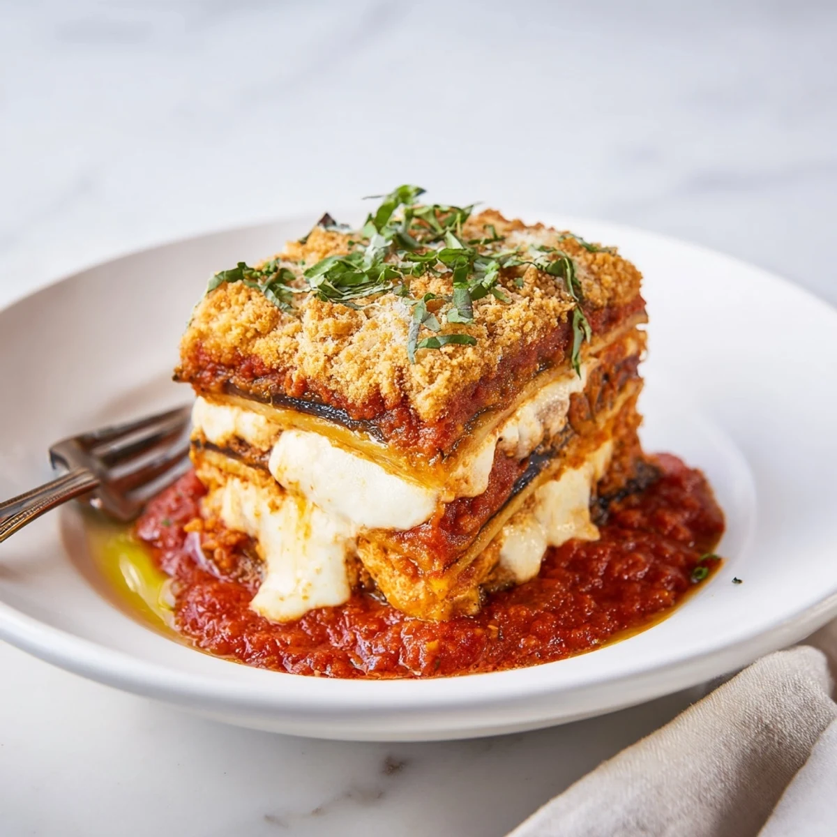 Layers of savory eggplant Parmesan lasagna with bubbly mozzarella and fresh basil.  