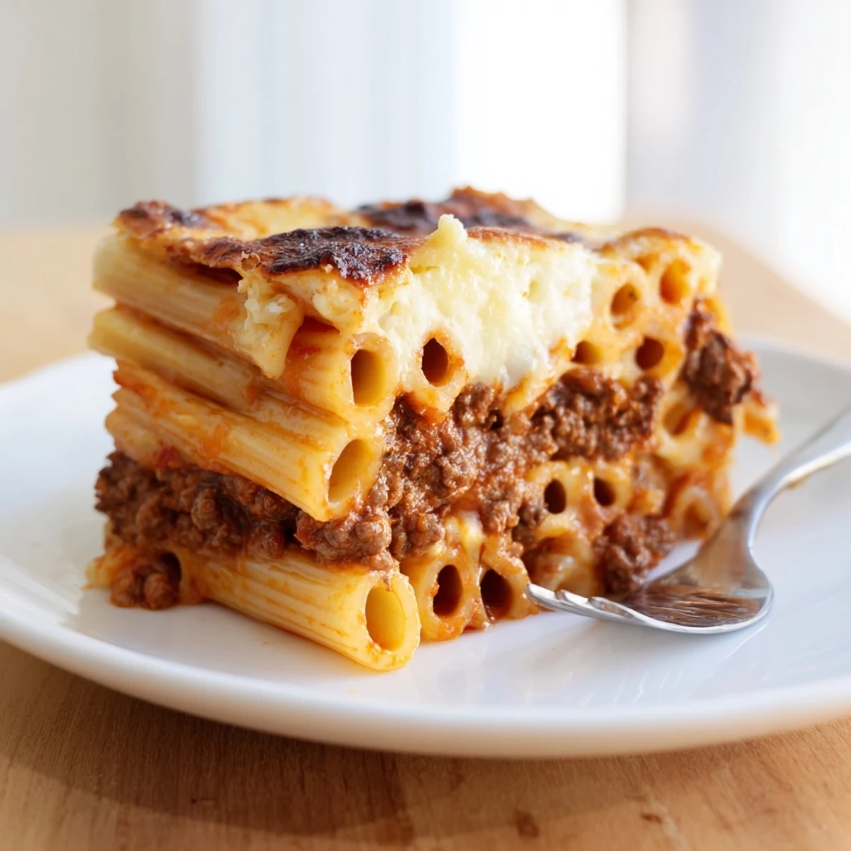 Creamy Greek Pastitsio layered with spiced beef and pasta, baked golden brown.  