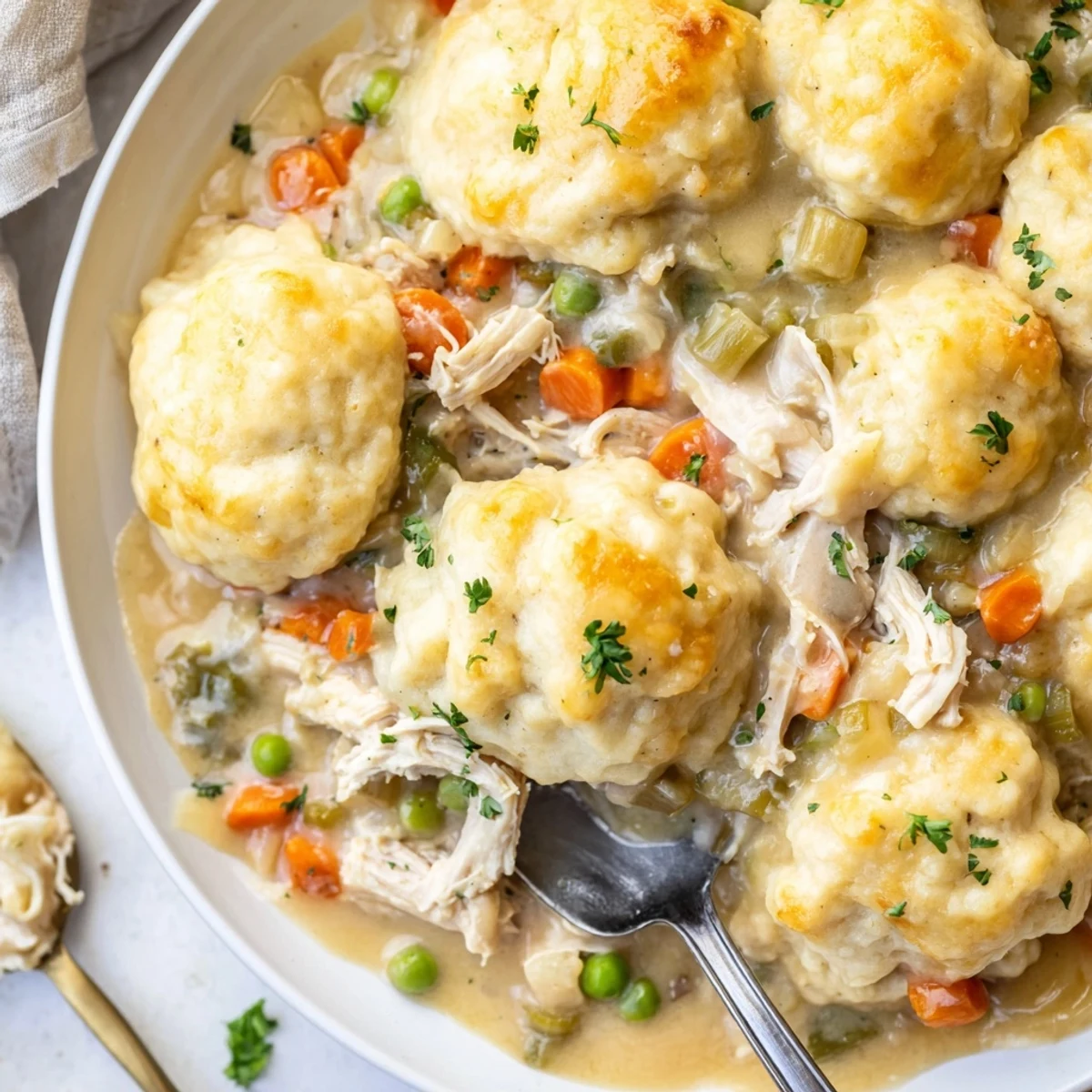 A golden-brown Chicken and Dumplings Casserole served with fresh parsley garnish.  