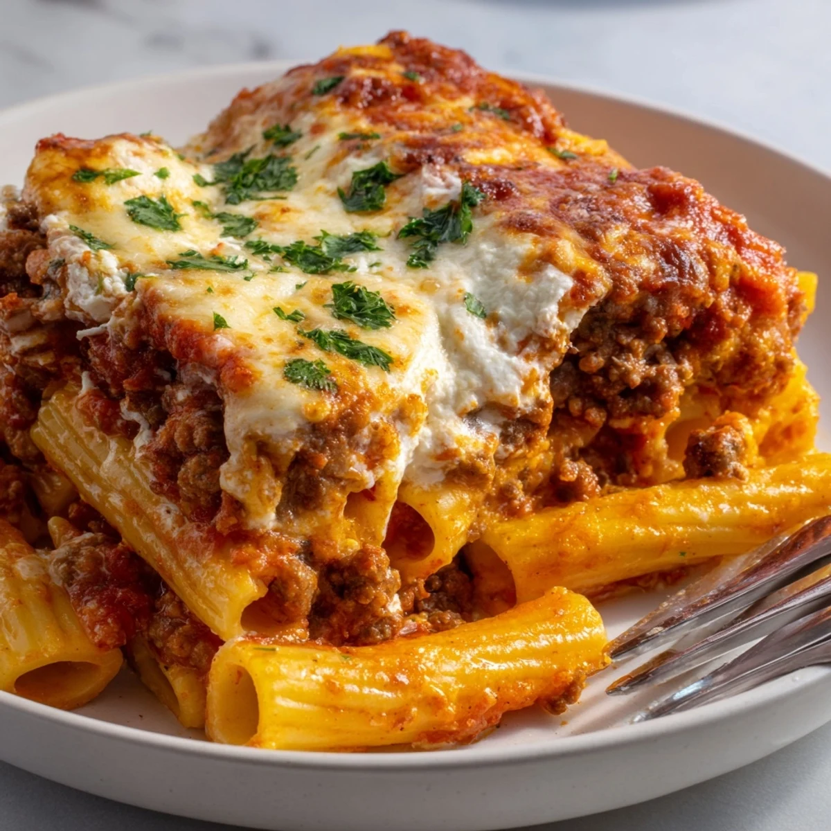 Golden brown baked ziti with meat sauce, layered with gooey melted cheese.  