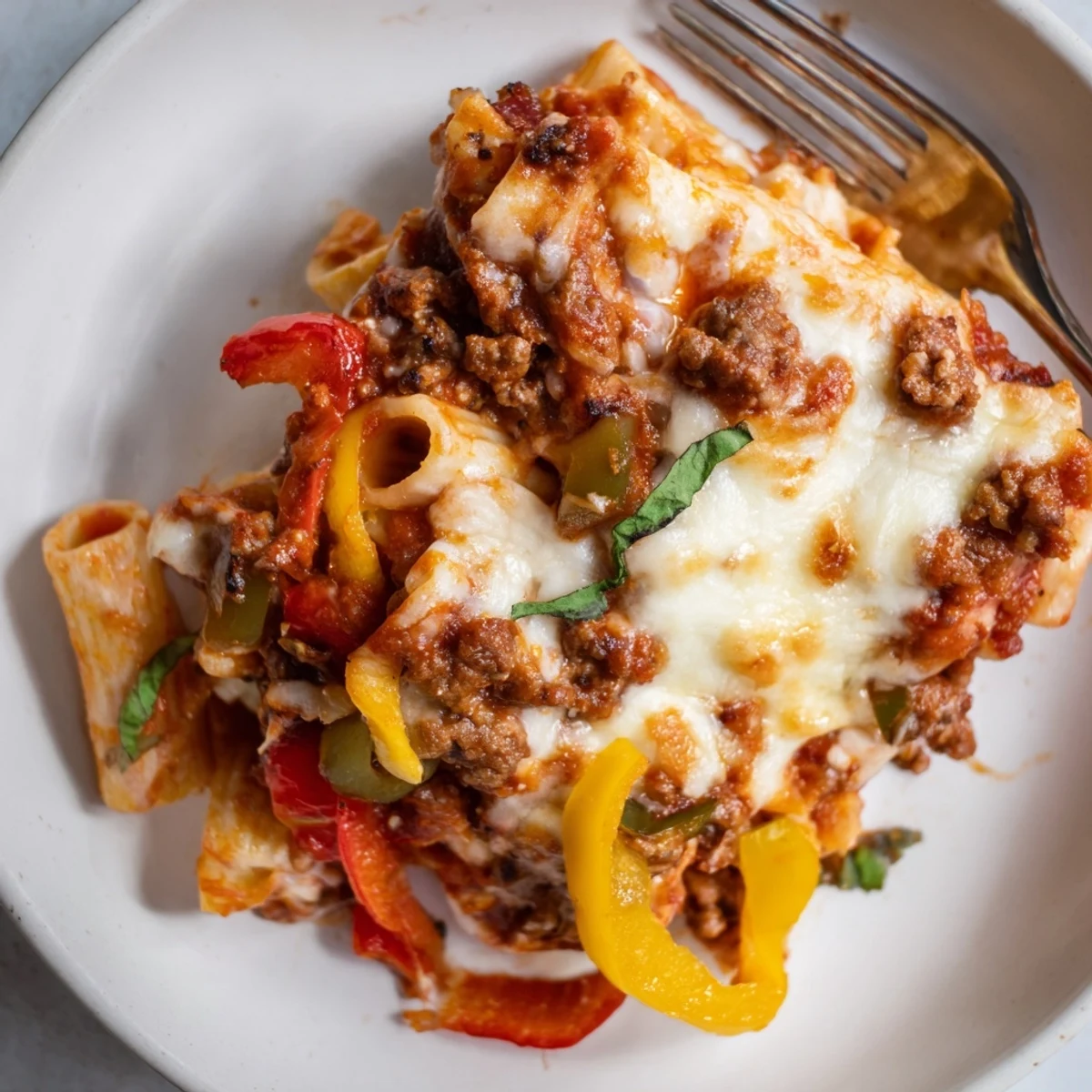 Flavorful baked rigatoni with sausage and peppers served in a bubbling casserole dish.  