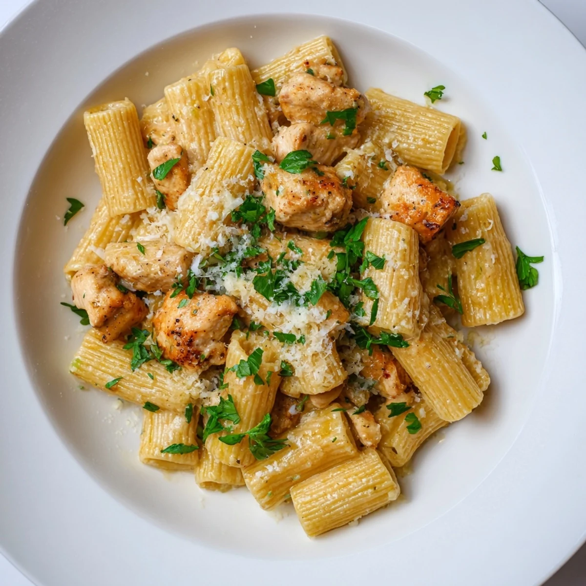 Close-up of a delightful plate of creamy garlic Parmesan chicken rigatoni, perfect for dinner.