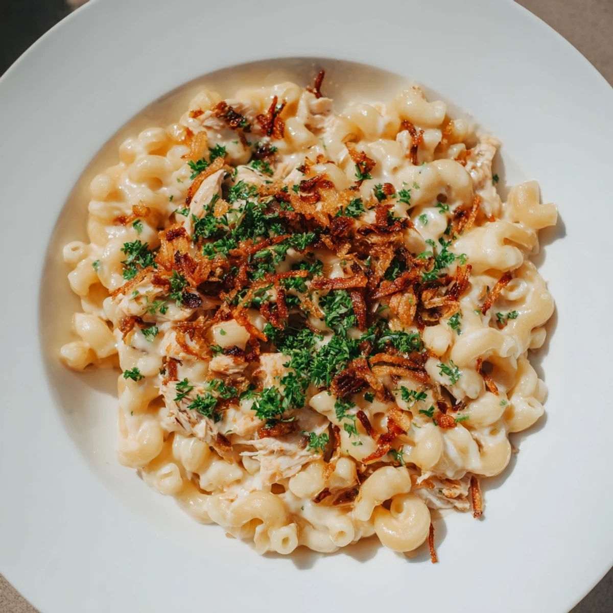 Steaming One-Pot Honey BBQ Chicken Mac and Cheese, topped with parsley, ready for a delicious American dinner.