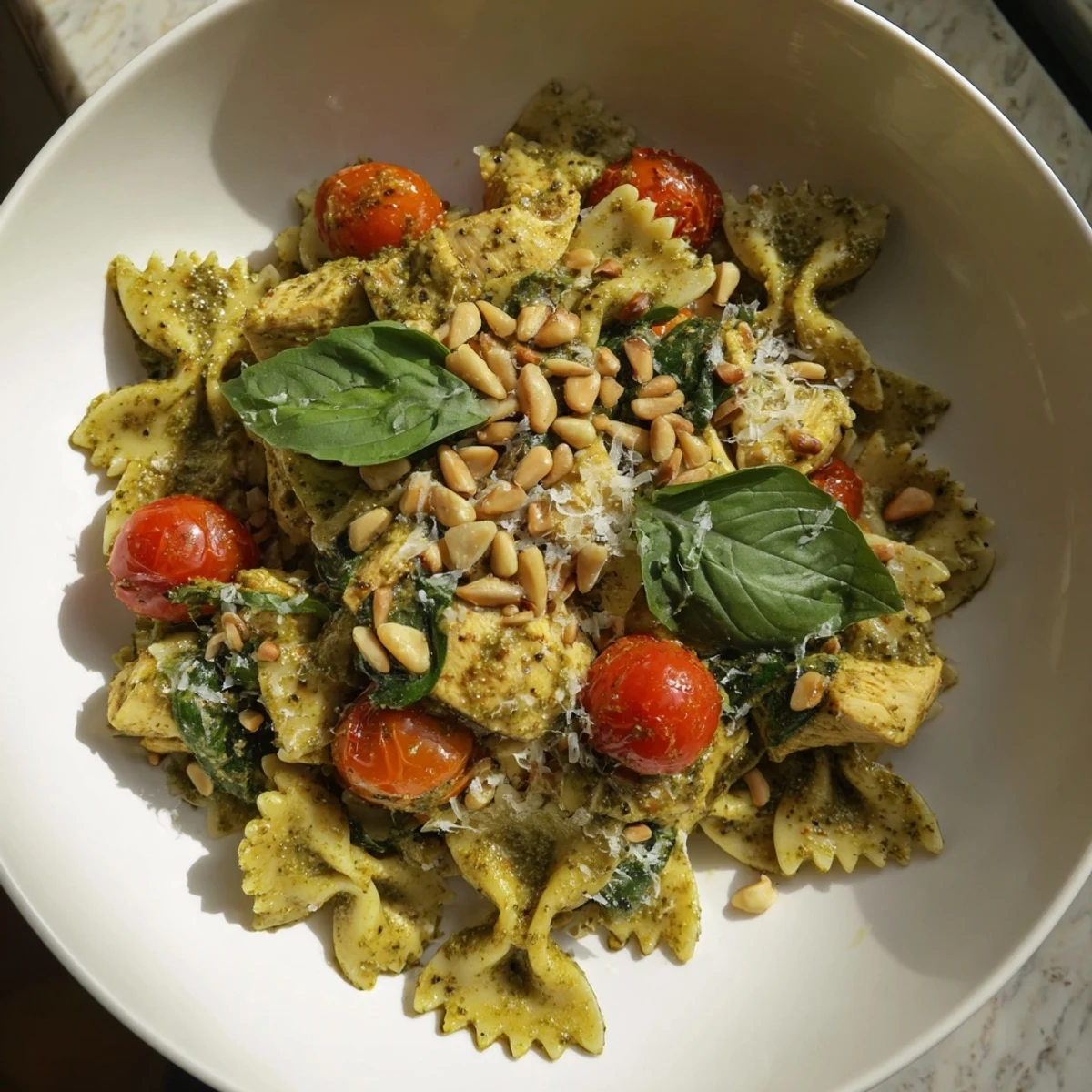 A bowl of pesto chicken bowtie pasta, with glistening bowtie pasta and tender chicken visible.