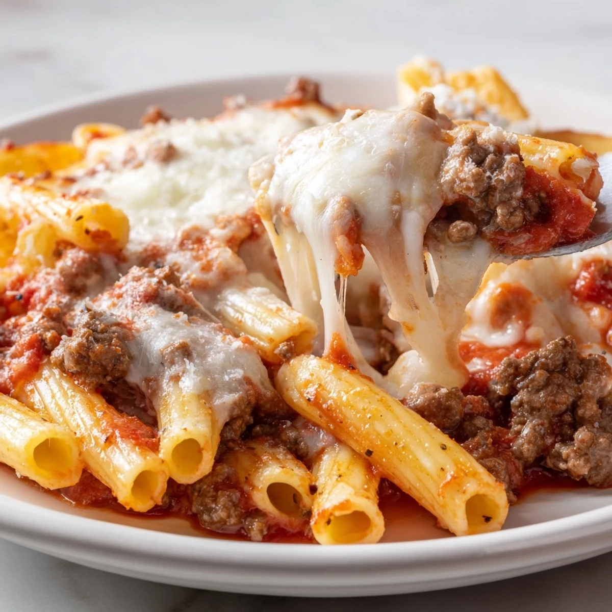 Golden, bubbly Cheesy Beef & Penne Bake with melted mozzarella, ready for serving tonight.