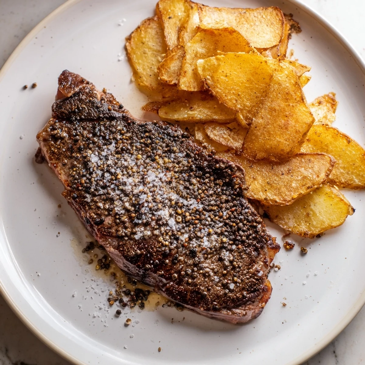 Delicious Classic Peppercorn Ribeye—a beautifully presented steak with golden, crispy fries, a true American classic meal.
