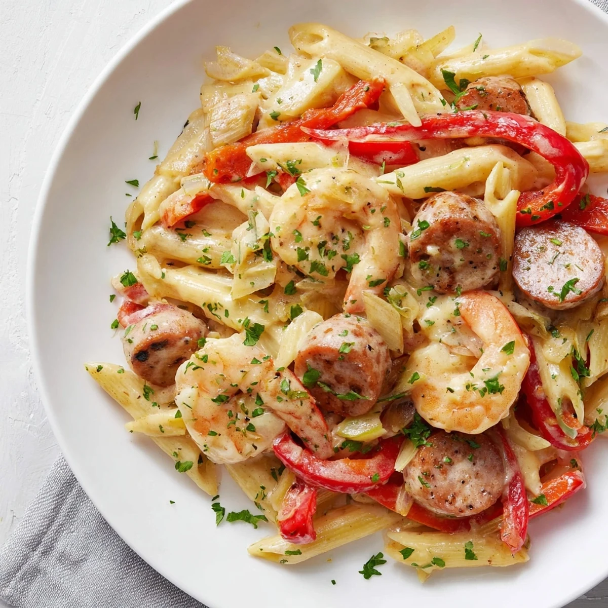 Spicy Cajun Sausage & Shrimp Alfredo pasta skillet, tossed in a rich sauce and garnished with parsley.