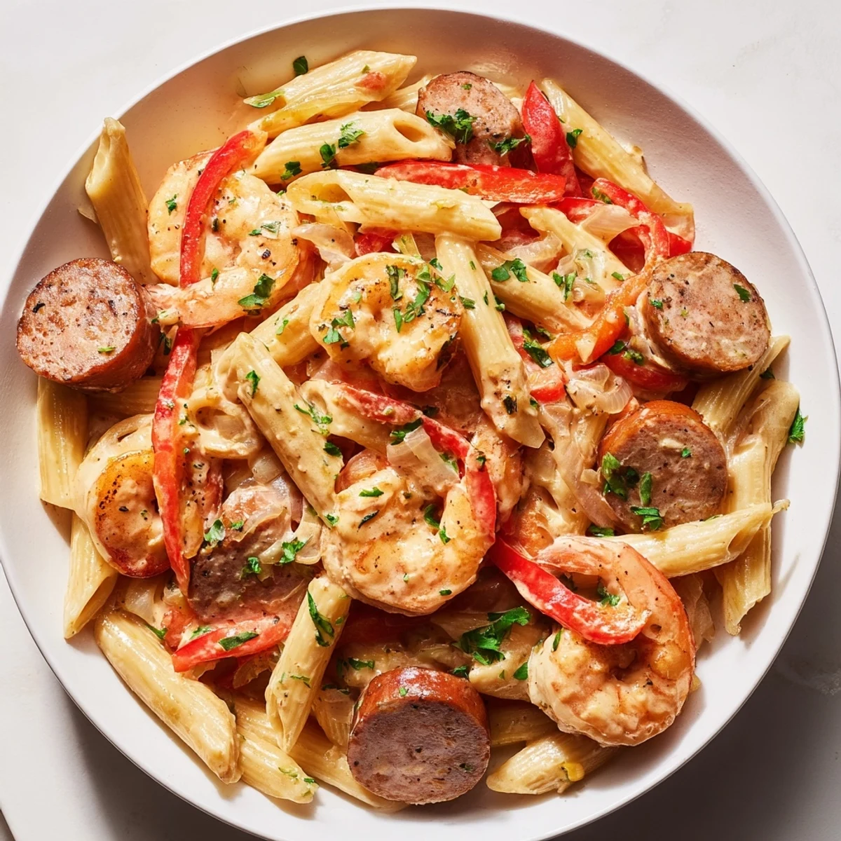 Cajun Sausage & Shrimp Alfredo pasta skillet, a creamy, flavorful dish with perfectly cooked shrimp.