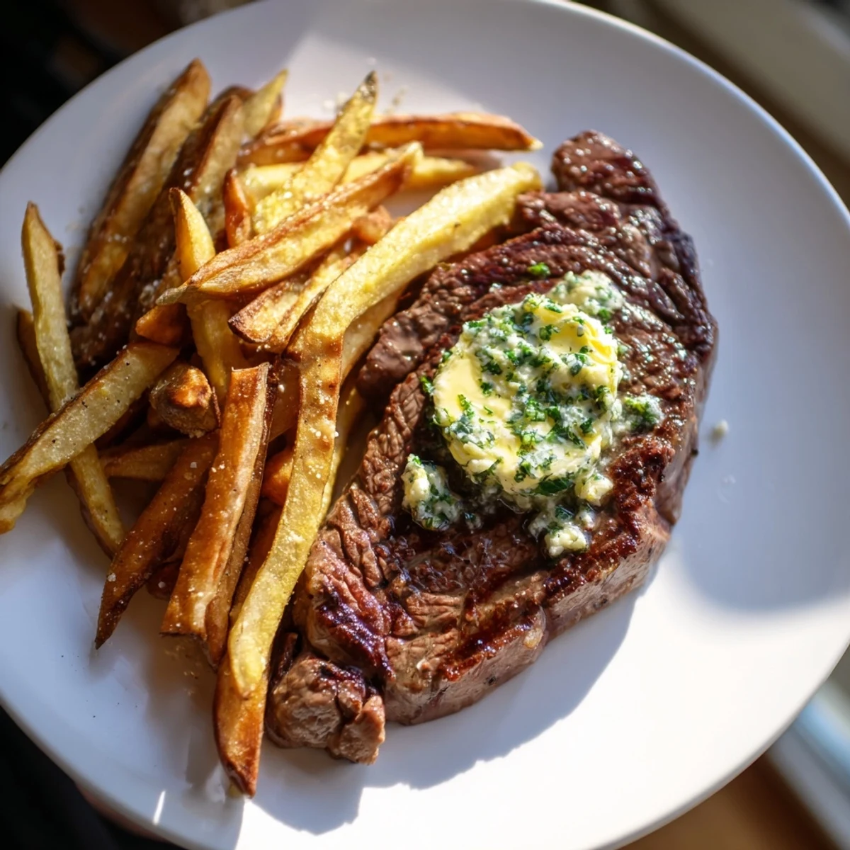 A plate of delicious Steakhouse Garlic Butter Steak & Fries; the steak dripping with garlic butter next to fries.
