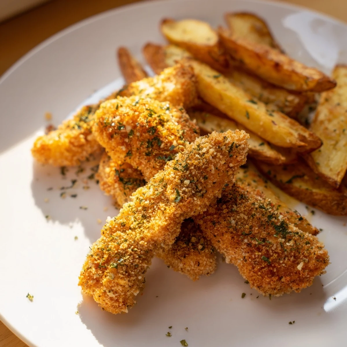 Golden-brown herbed chicken tenders and crispy potato wedges, a comforting American classic, ready to enjoy.