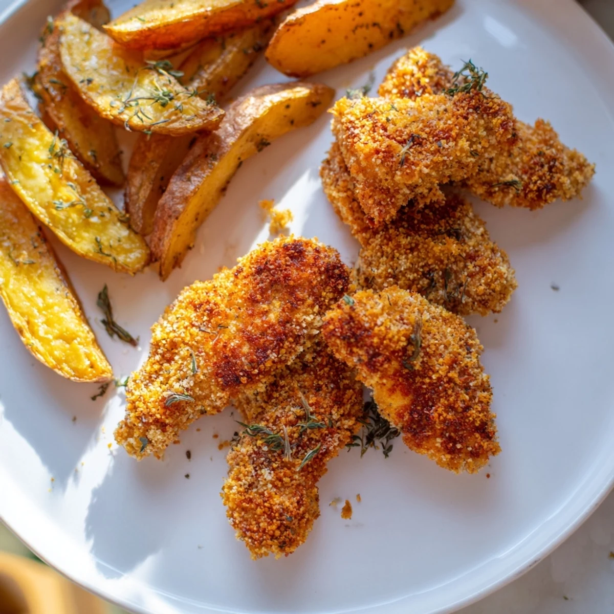 Fragrant herbed chicken tenders paired with herb-roasted potato wedges, offering a savory and textural contrast to savor.