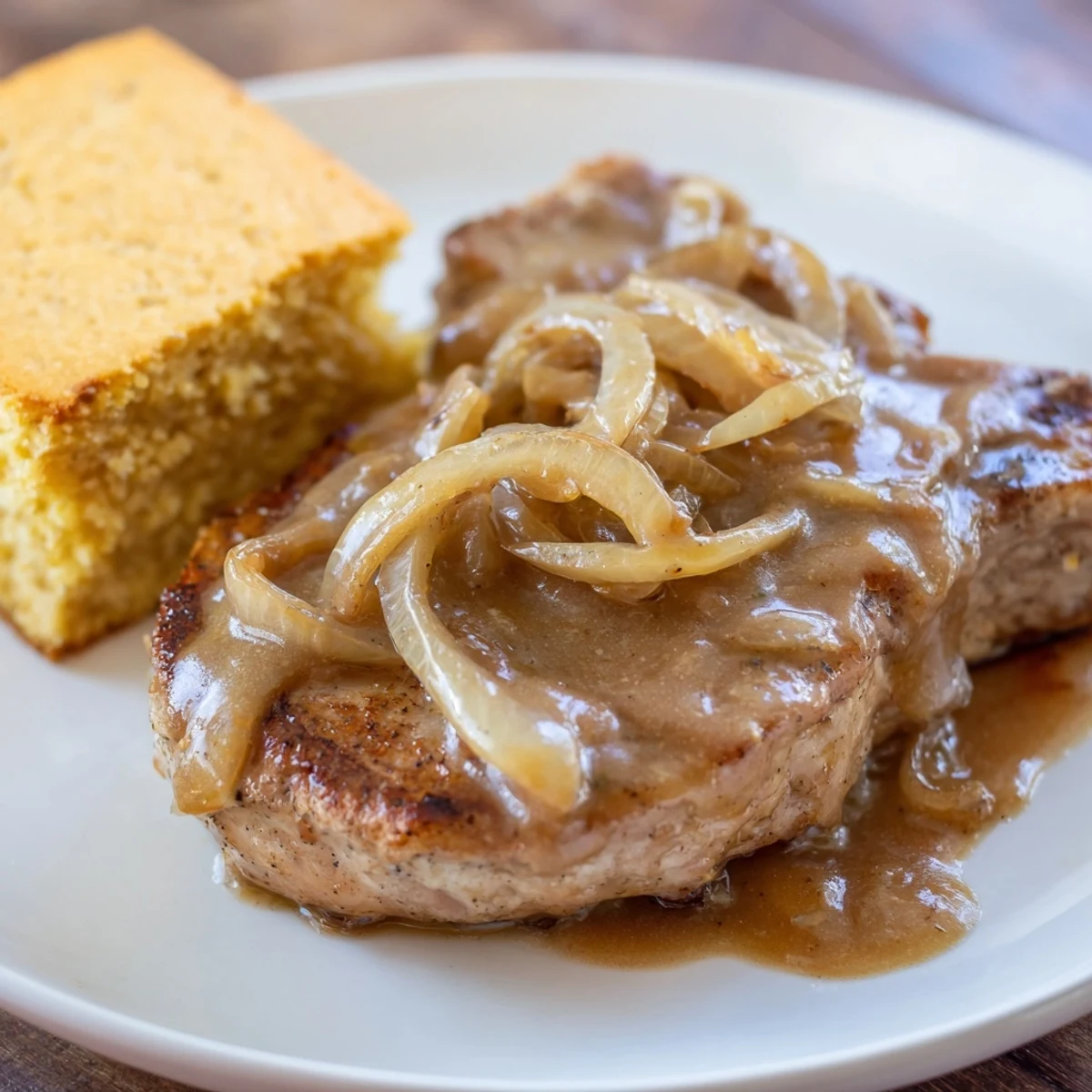 Tender, smothered pork chops swimming in rich gravy, served with fluffy golden cornbread.