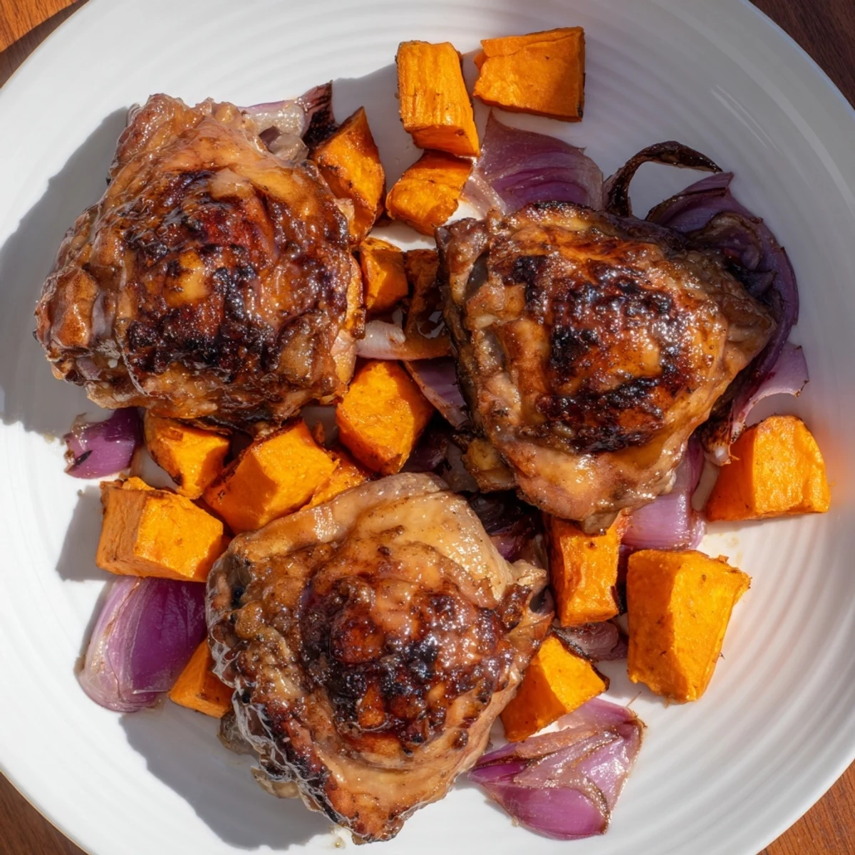 Delicious Maple Glazed Chicken & Sweet Potato Bake, roasted with savory herbs and sweet maple flavors.