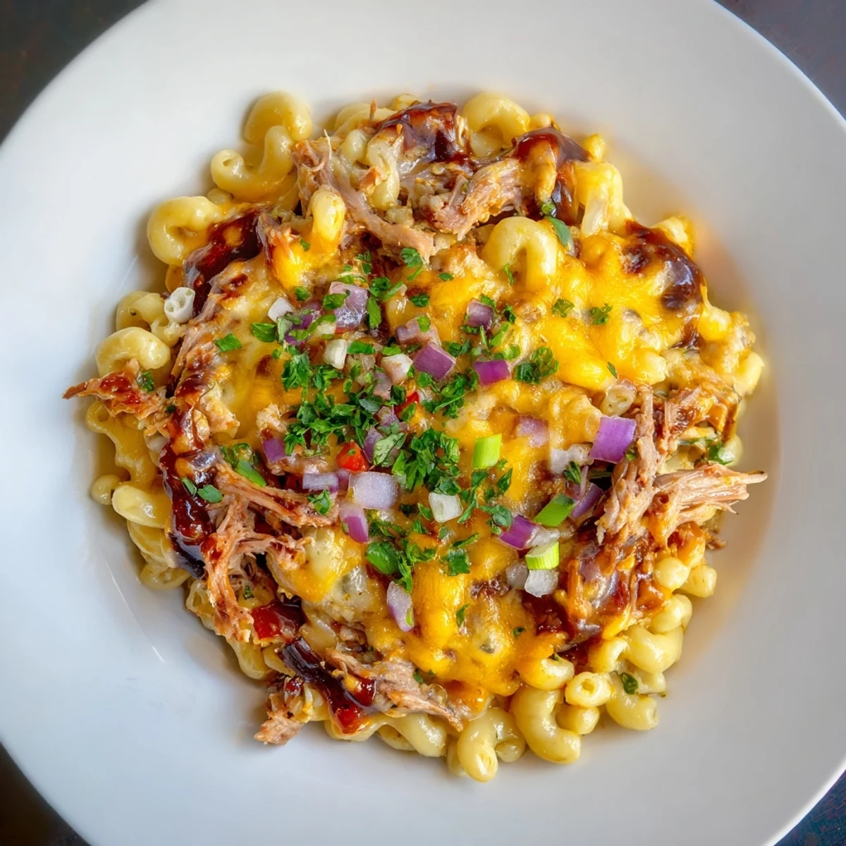 BBQ Rib Macaroni Skillet bubbling hot from the oven, with melted cheese and tender pork ribs.