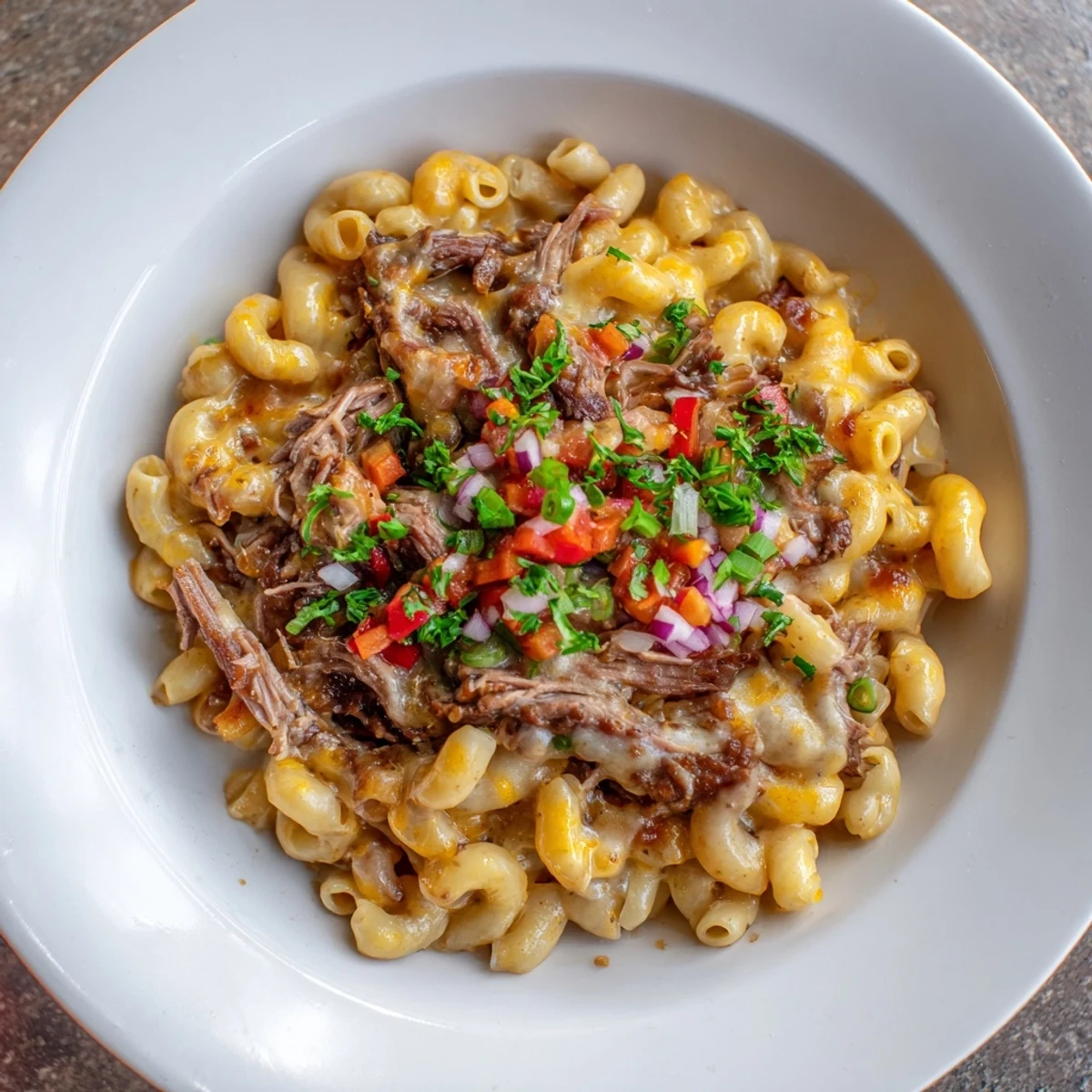 Golden brown baked BBQ Rib Macaroni Skillet, garnished with fresh herbs, a true comfort food.