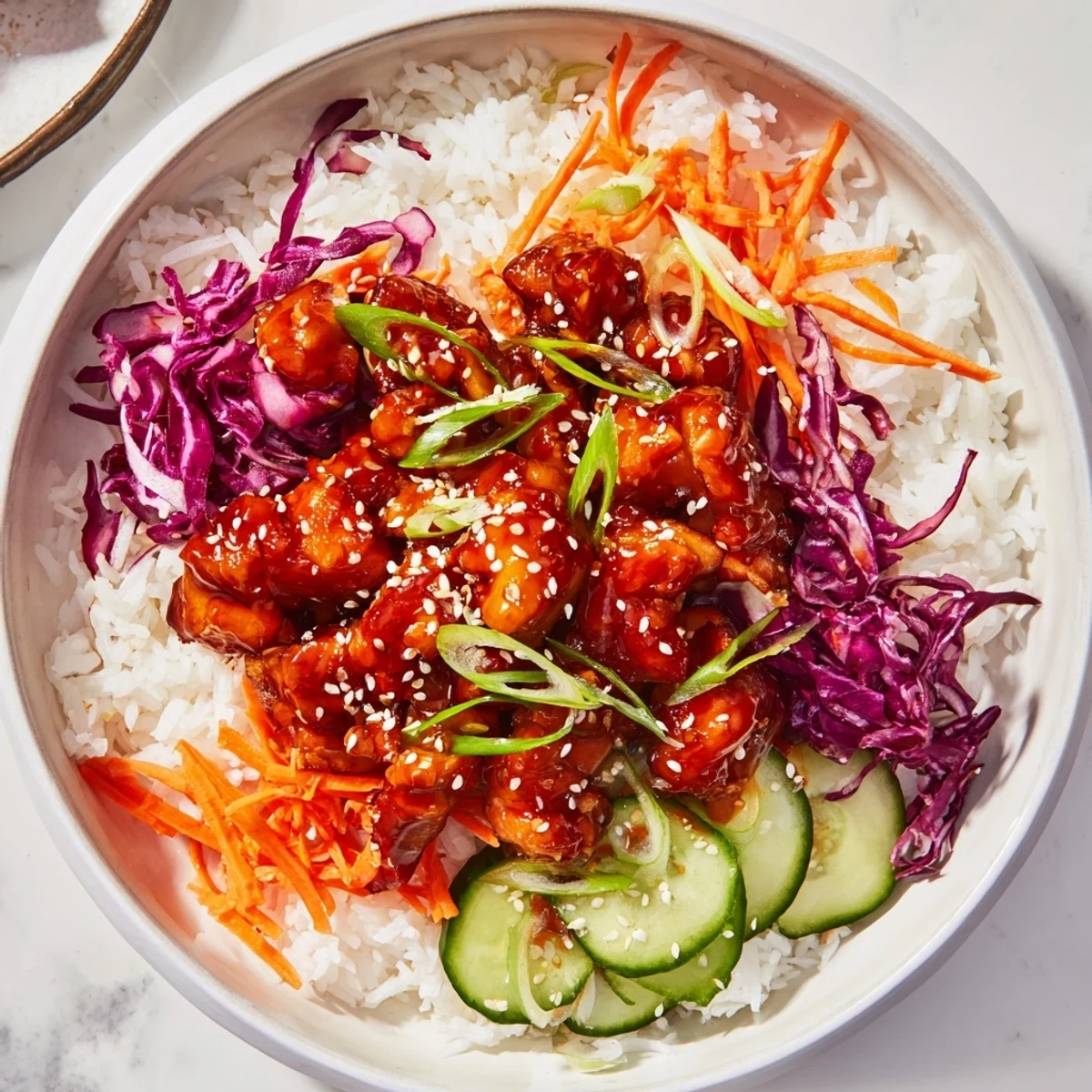 Vibrant Sriracha Honey Chicken Rice Bowl, showcasing fluffy rice and crunchy carrots, ready to eat.