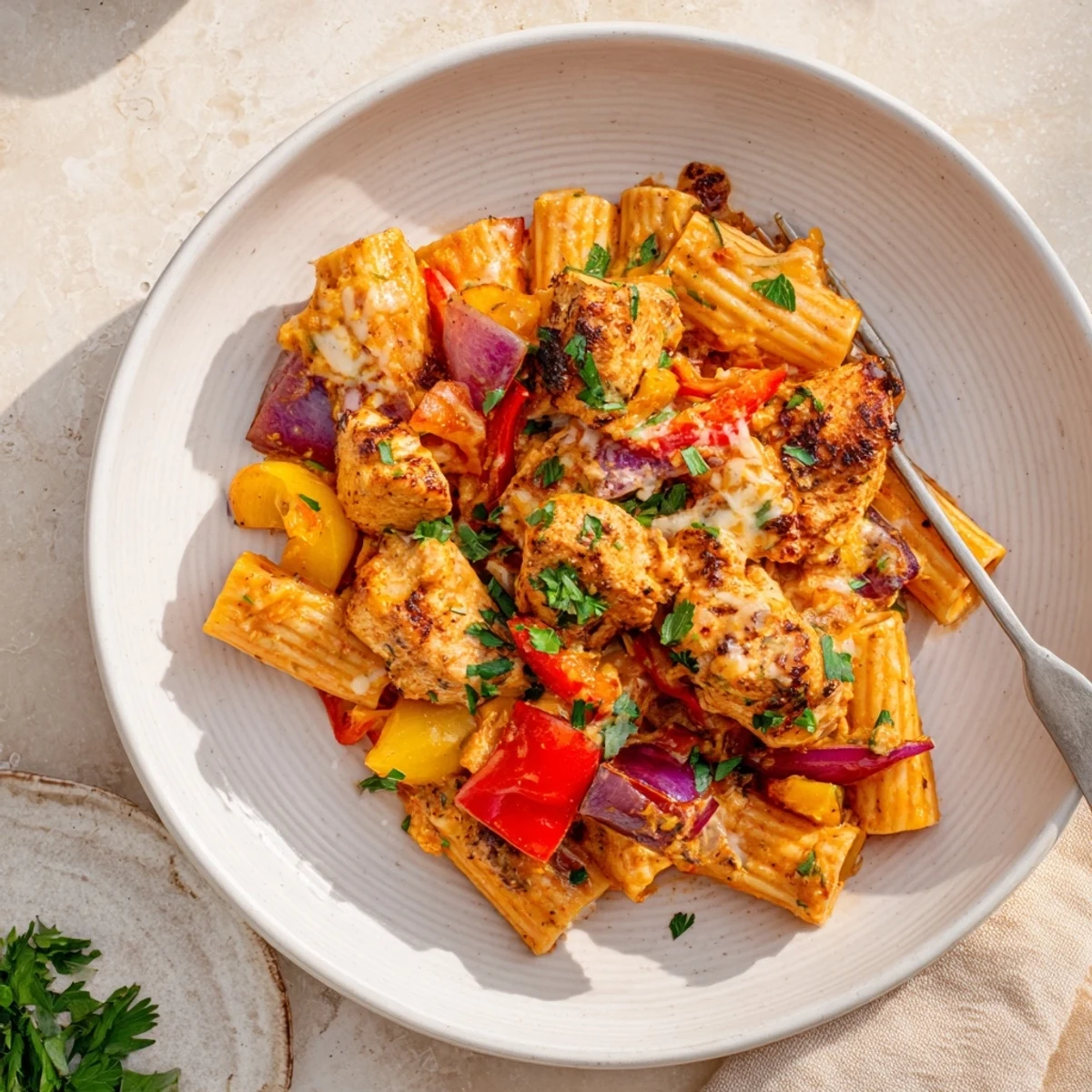 Steaming-hot Cajun Chicken Pasta Bake with bubbly cheese, red peppers, and tender chicken is so flavorful.