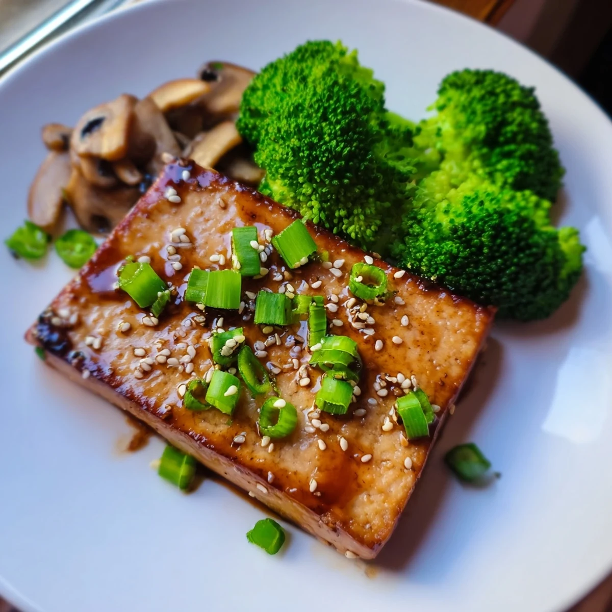 Golden Sautéed Tofu Steaks with Broccoli topped by savory sauce and sesame seeds.