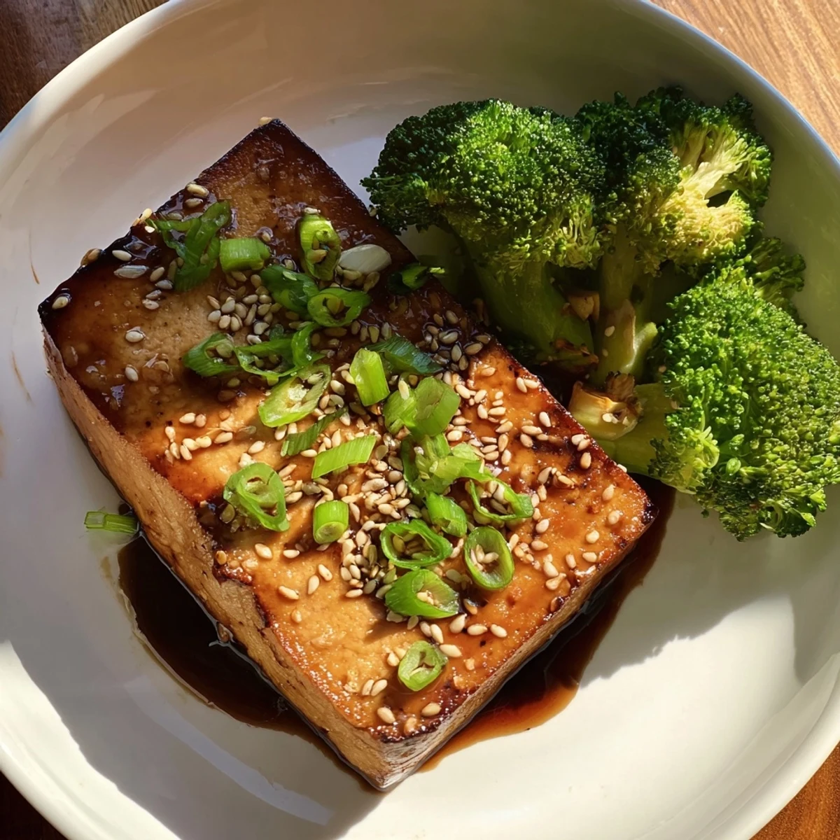 Delicate plate of Sautéed Tofu Steak with tender vegetables and a glistening, flavorful sauce.