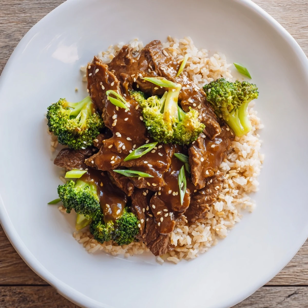 Tender Slow-Cooker Beef & Broccoli: savory beef and broccoli atop fluffy brown rice with fresh greens.