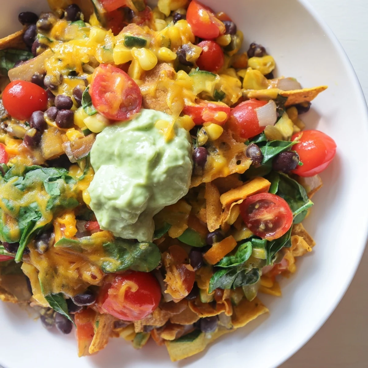 A steaming skillet of Veggie-Packed Taco Skillet with Avocado Yogurt, brimming with colorful vegetables.