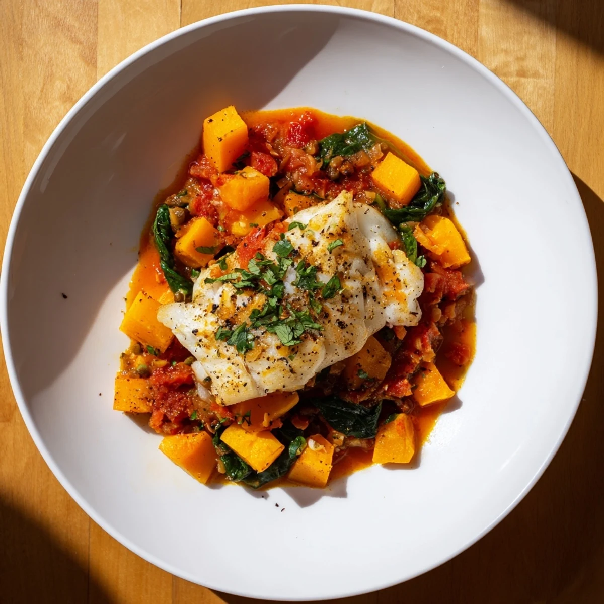 Flaky baked cod nestled with vibrant squash and herbs, creating a delicious and healthy meal.
