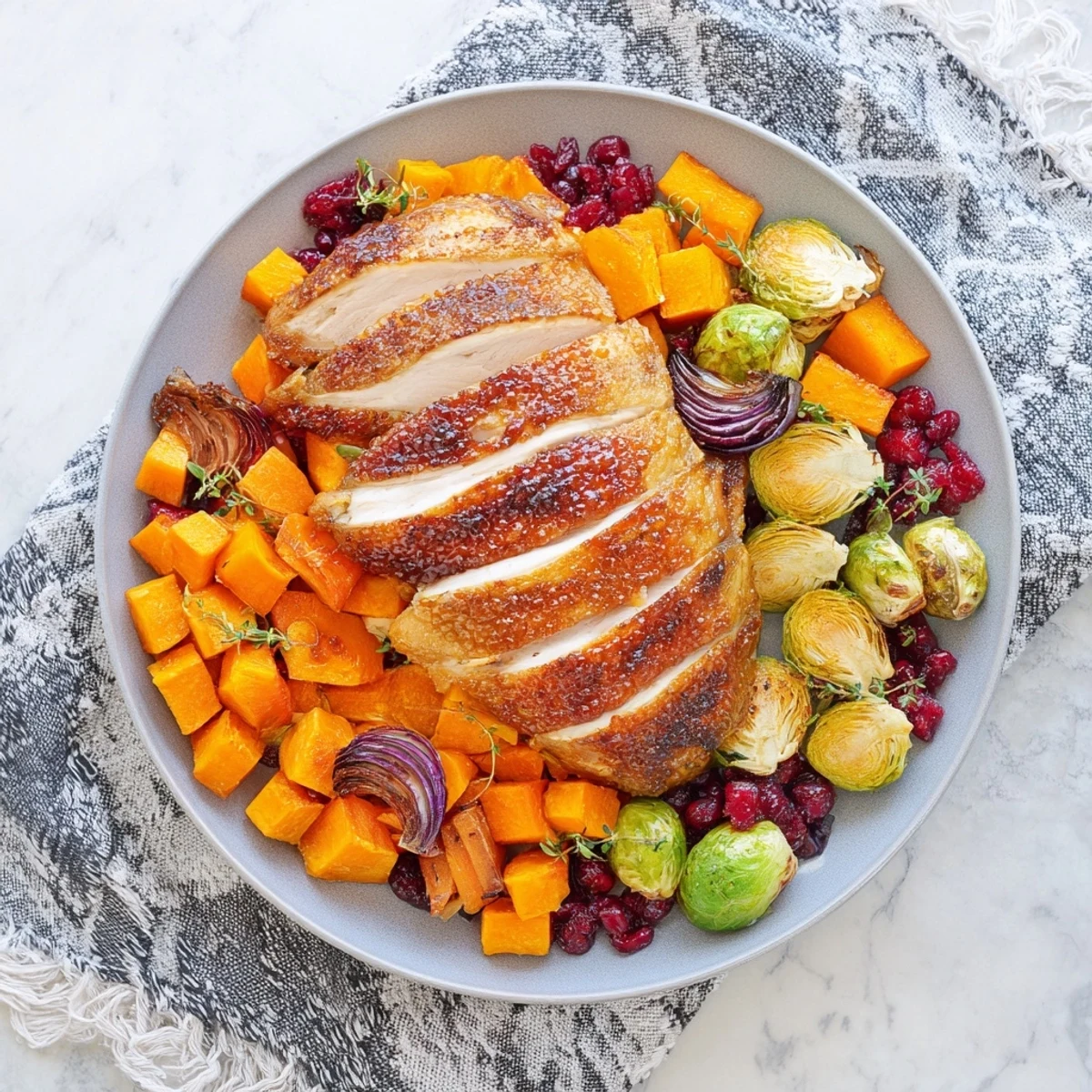 Juicy sheet-pan roasted turkey breast, glistening with cranberry glaze, alongside golden vegetables.