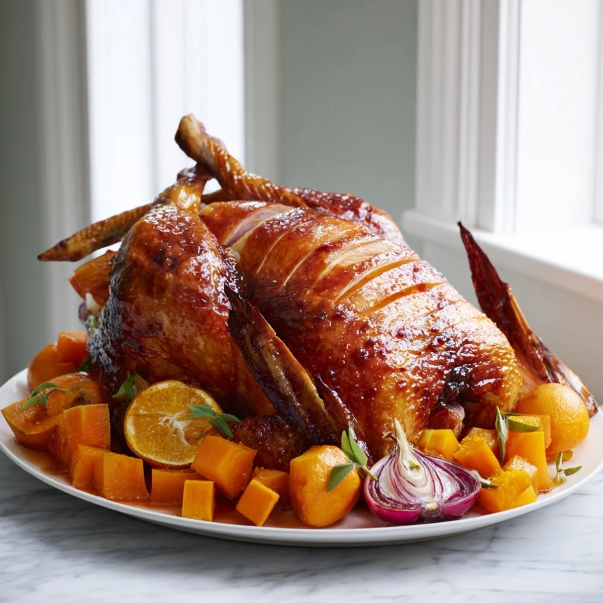 The sheet-pan roasted turkey breast is surrounded by colorful roasted winter vegetables, ready to serve.