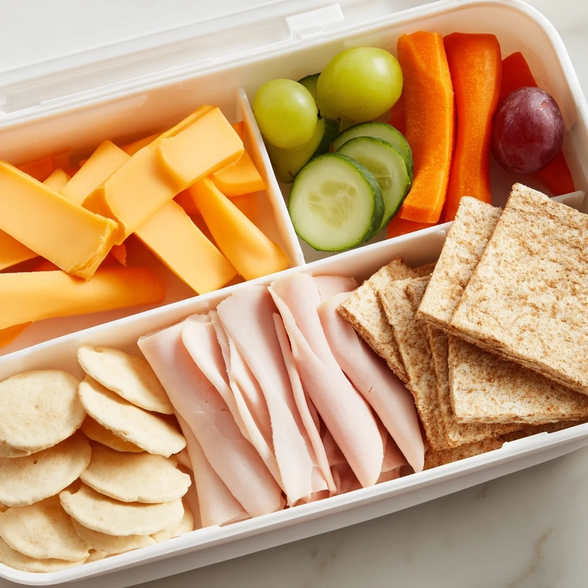 A colorful DIY Lunchables tray overflowing with turkey, cheese, crackers, and fresh grapes.