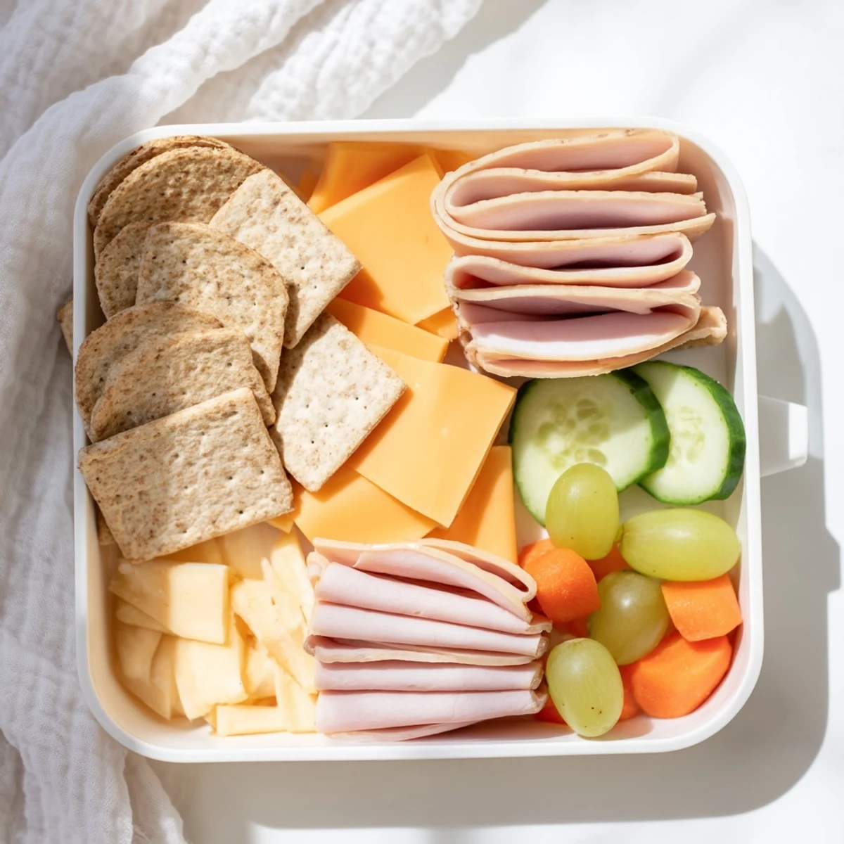 Homemade DIY Lunchables featuring sliced meats, cheeses, crackers, and a selection of fresh vegetables.