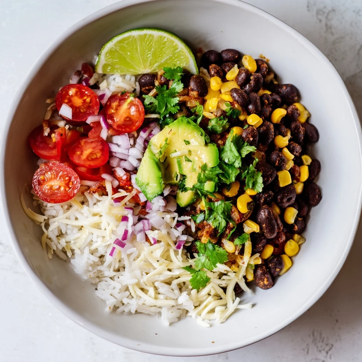 A colorful photo showcases a delicious Rice, Bean, and Corn Burrito Bowl with fresh toppings and lime wedges.