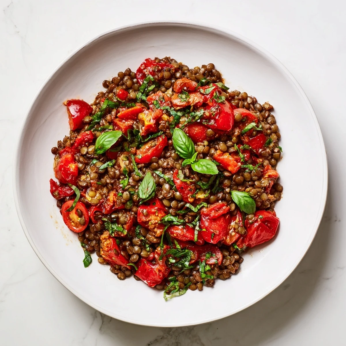 Steaming Lentil-Tomato Skillet, garnished with fresh herbs, ready for a comforting vegetarian meal.