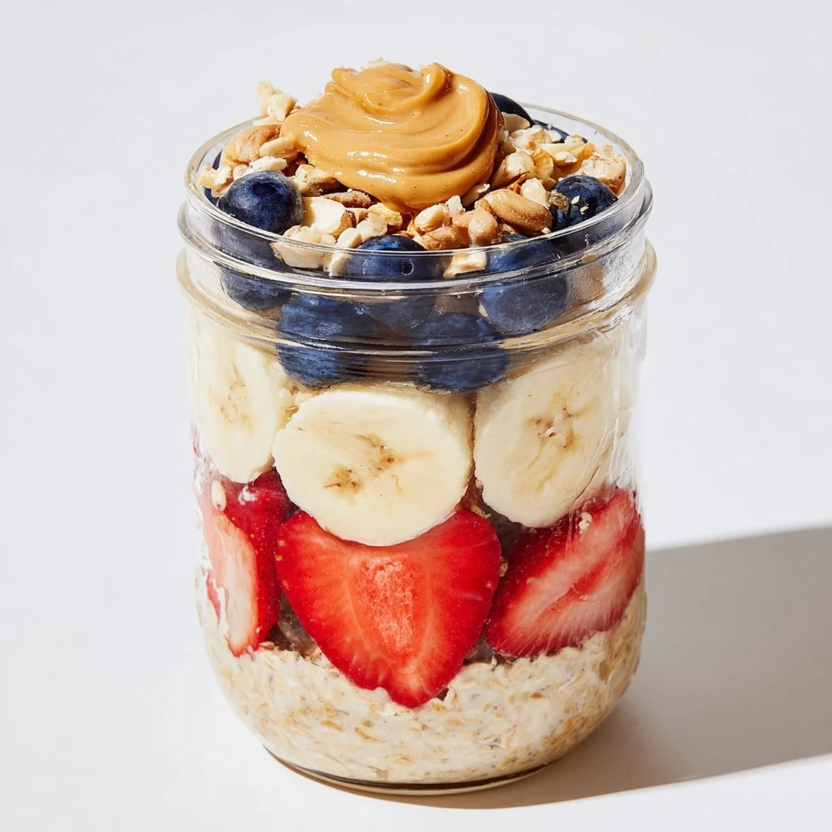 Creamy Overnight Oats jars boast layers of strawberries, bananas, and a swirl of peanut butter.