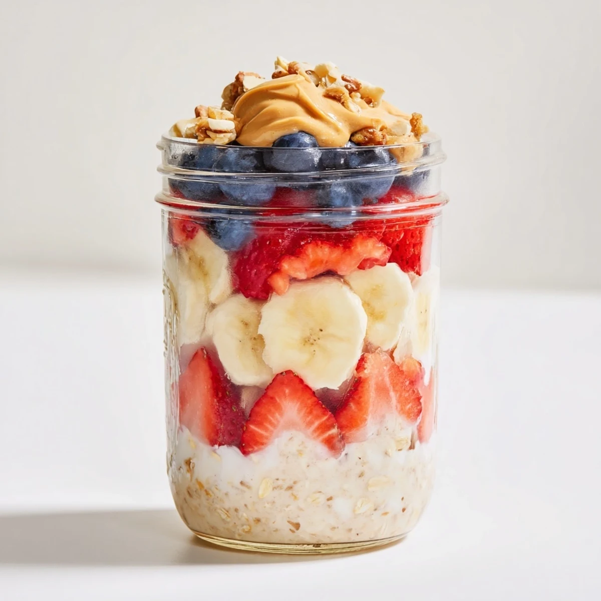 A refreshing view of Overnight Oats jars; they're layered with fruit, peanut butter, and ready to eat.