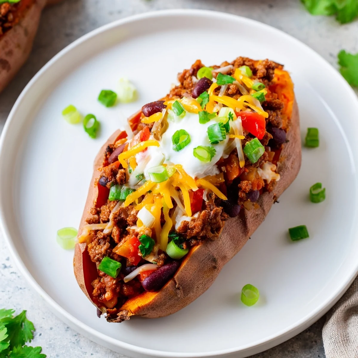 Savory Baked Sweet Potato Stuffed with Chili, offering a rich, robust aroma of spices.