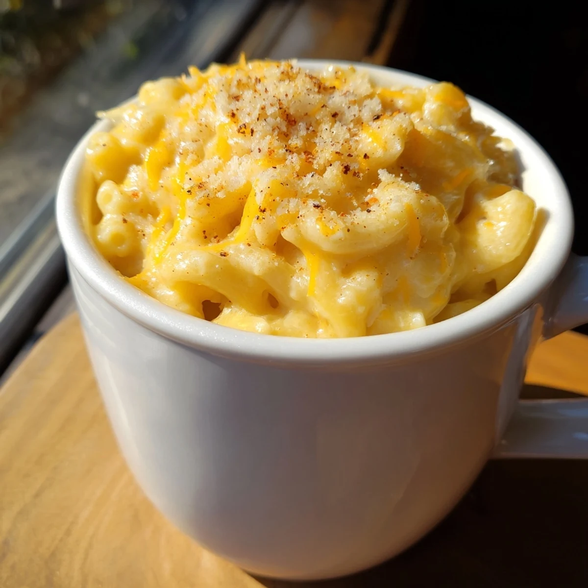 A close-up of a creamy Mug Mac & Cheese, perfect for a quick and easy lunch.