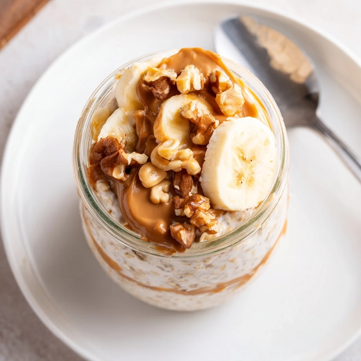 A jar of creamy overnight oats, layered with berries and granola for a delightful breakfast.
